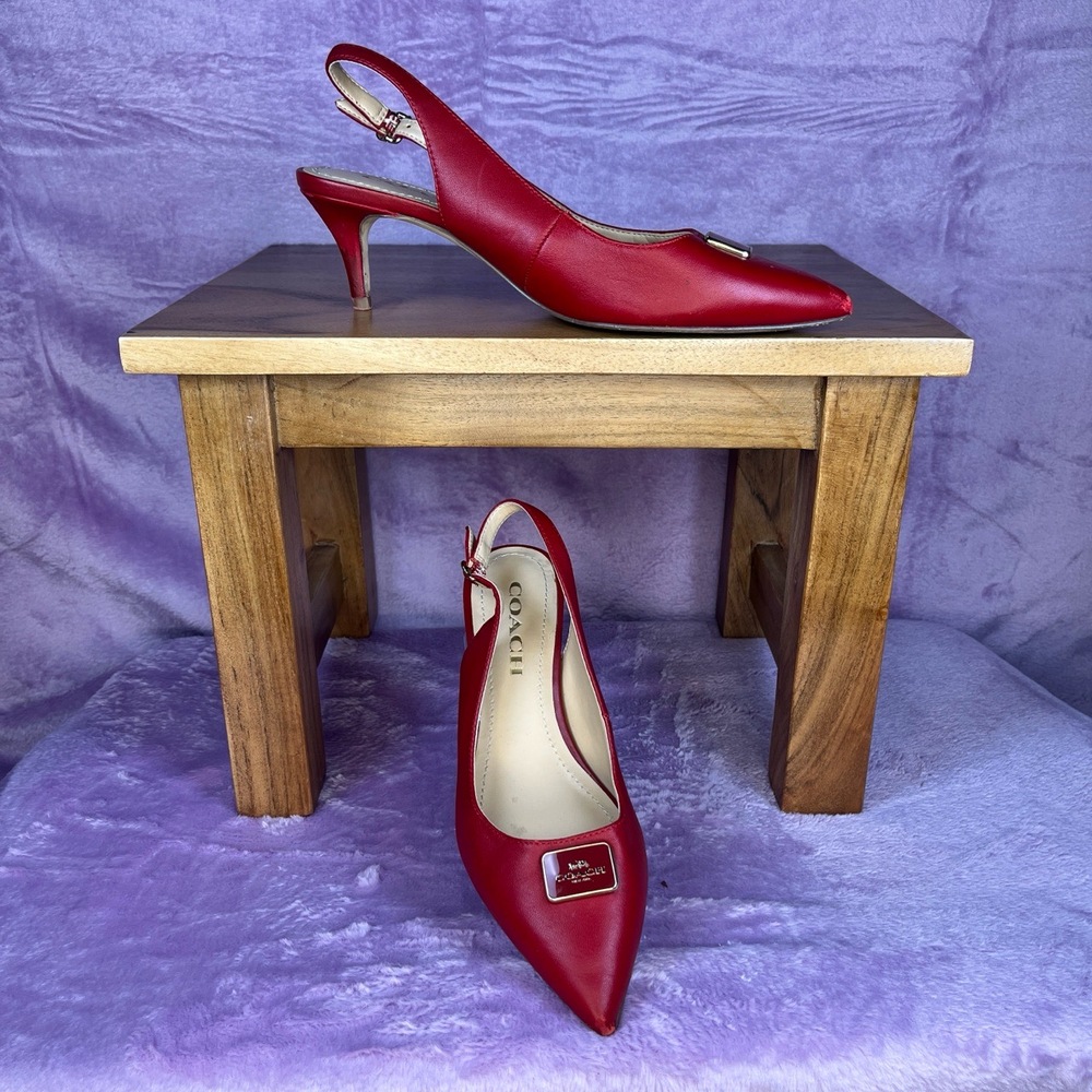 Coach Slingback Heels Womens 5.5 Red Leather Pointed Toe Kitten Heel CC704
